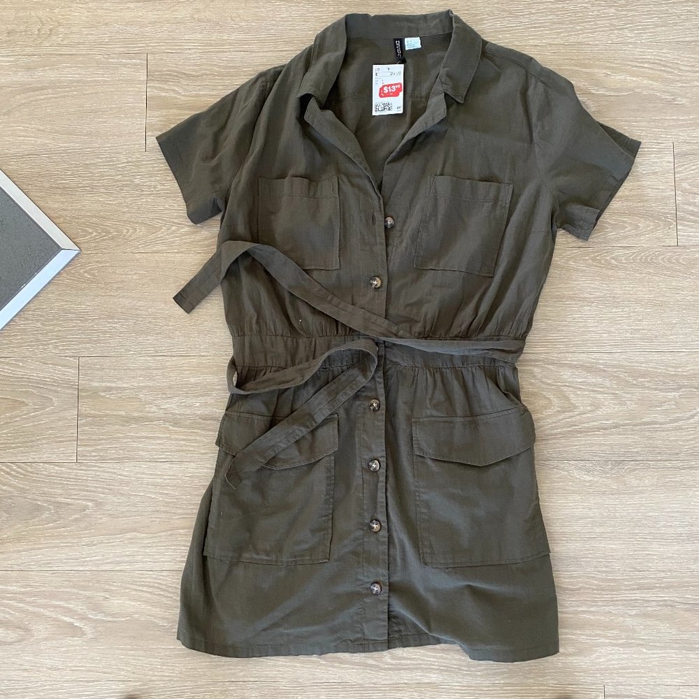 Olive green casual button up dress
